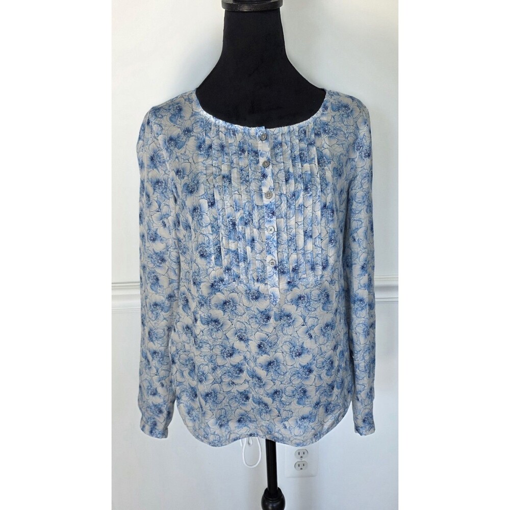 LOFT Womens Small Blue White Floral Pintuck Pleated Long Sleeve Blouse